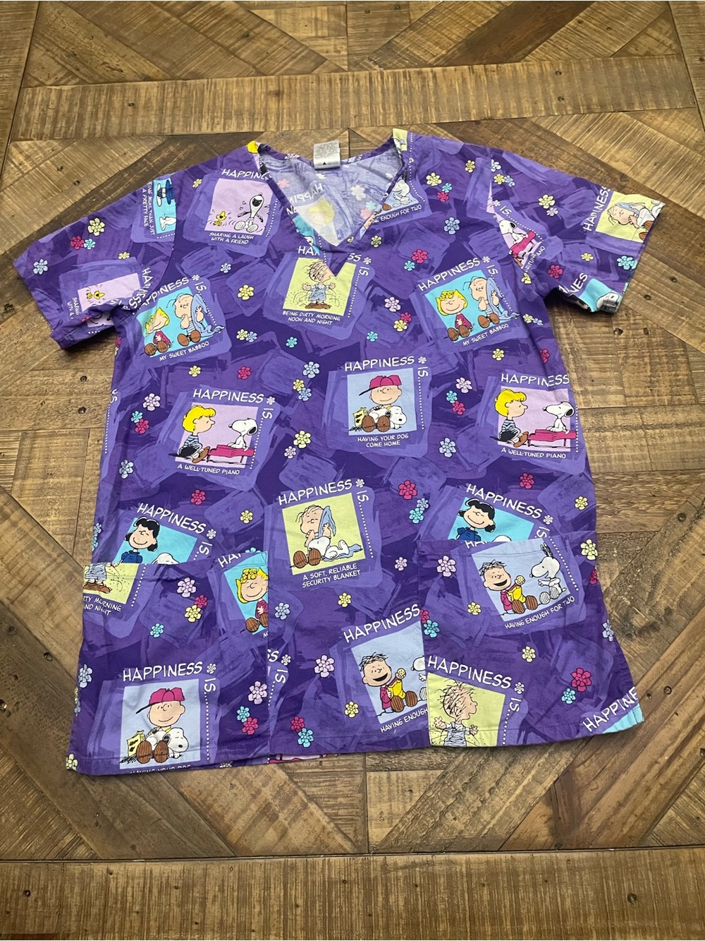 Vintage Peanuts Snoopy "Happiness Is..." Scrub Top Size S Purple Graphic Comic